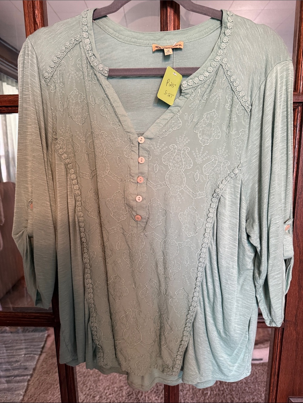Democracy Sage Green Embroidered Button-Front Tunic